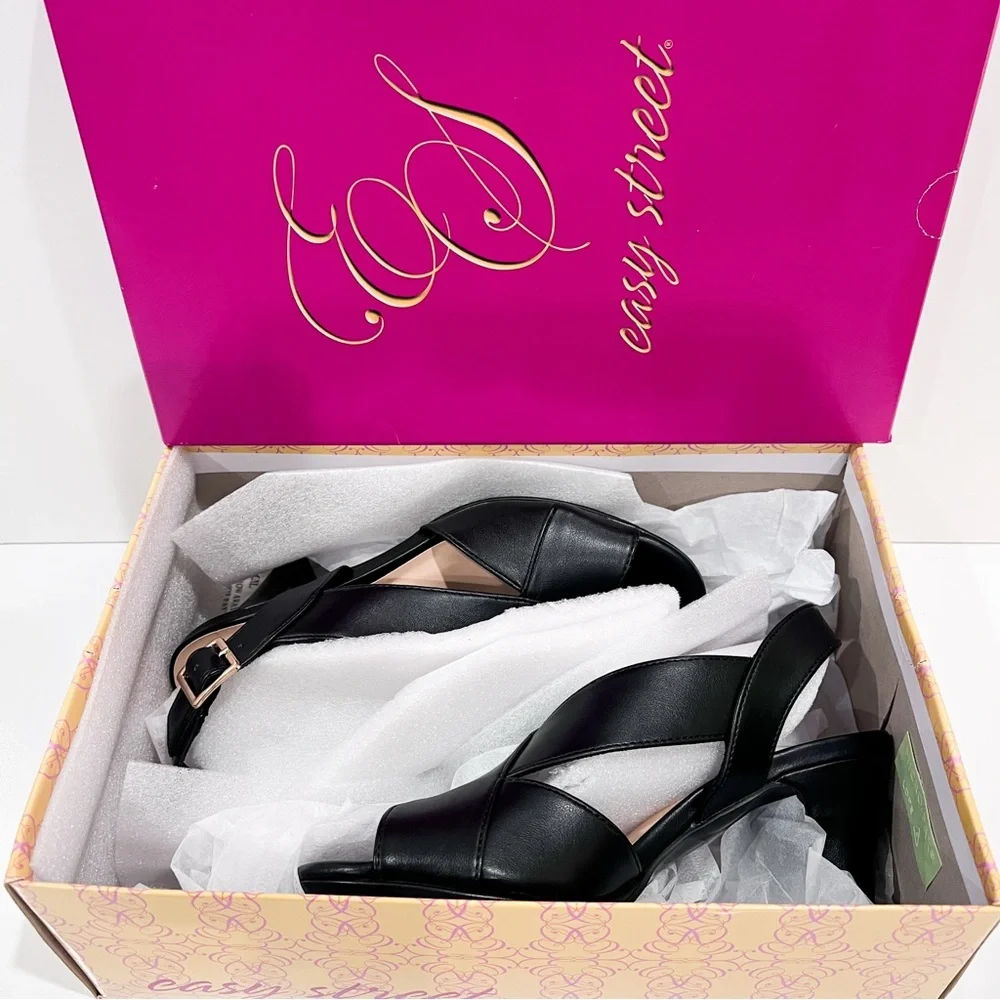 Easy Street Christy Slingback Heeled Sandals Cross Strap Buckle 7.5 Black NEW - Picture 2 of 16